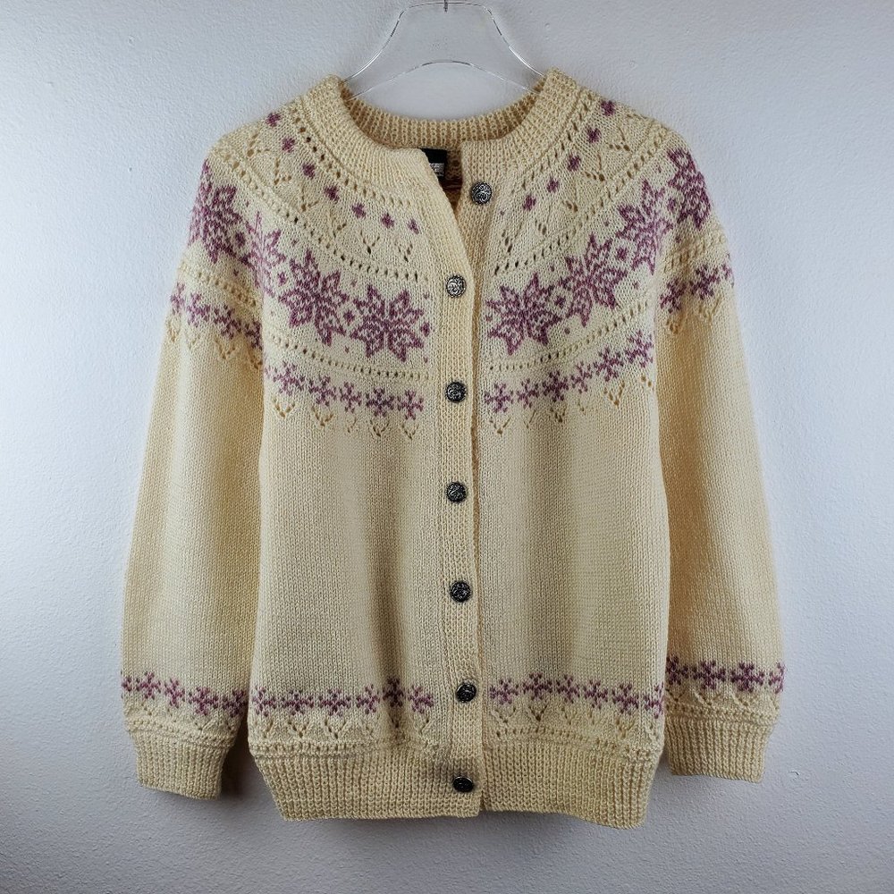 Dale of Norway handknit fairisle cardigan sweater XS cream pink lavender